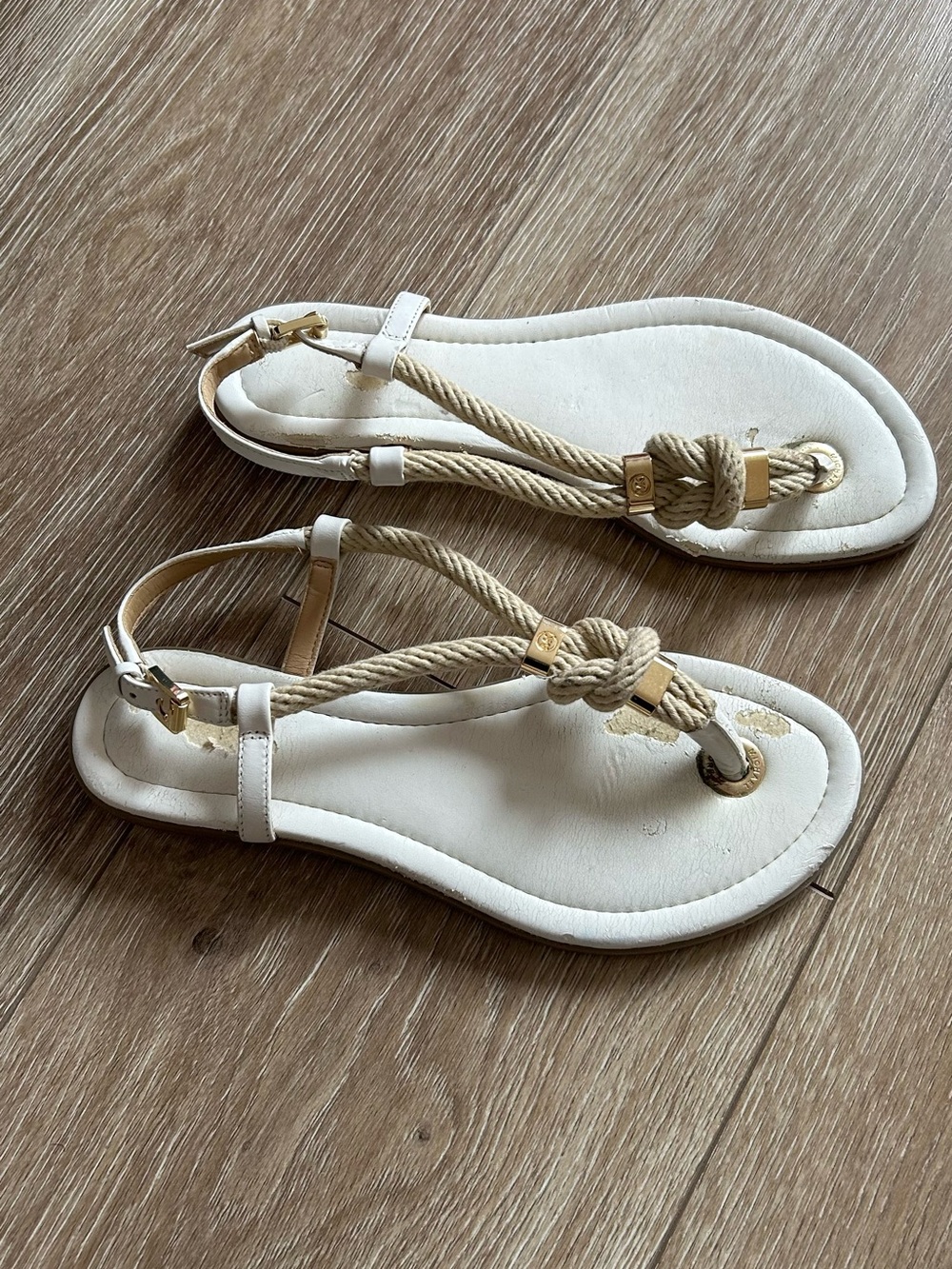 MICHAEL Michael Kors White Rope-Knot T-Strap Sandals with Gold Accents